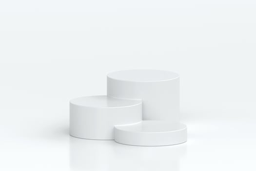 Three white cylindrical podiums of varying heights arranged in minimalist style, set on clean white background, perfect for showcasing products or elegant presentations, 3d rendering photo