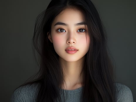 Captivating headshot of a young woman with mesmerizing eyes and flowing dark hair photo