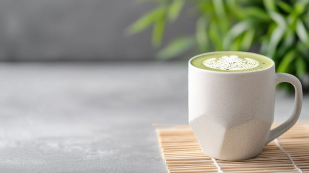 ceramic mug of matcha latte with latte art on bamboo mat, surrounded by greenery photo