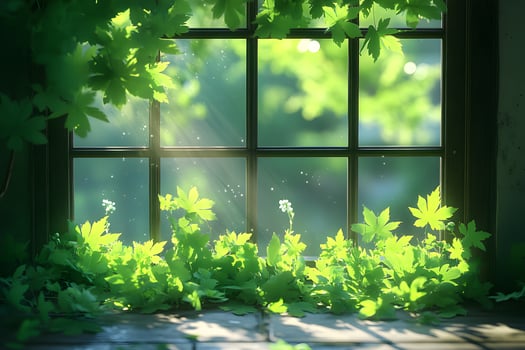 Serene Spring Morning Sunlit Leaves by a Window for Nature-Inspired Design photo