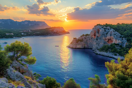 Spectacular Sunset Over Rocky Mediterranean Coastline with Pine Forests photo