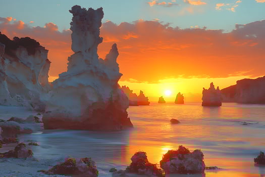 Dramatic Sunset Over Rock Formations by the Sea - Tranquil Coastal Landscape for Travel and Nature Designs photo