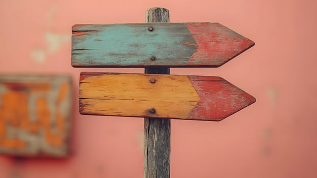 Rustic wooden direction signs in orange, red, and gray colors mounted on weathered pole, photographed against light peach background in minimalist modern composition photo