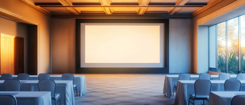 This is a versatile, contemporary conference room that features a spacious projection screen, making it ideal for business presentations, meetings, and creative content development activities photo