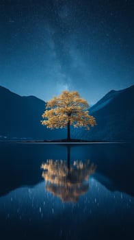 A lone tree in the middle of a lake at night photo