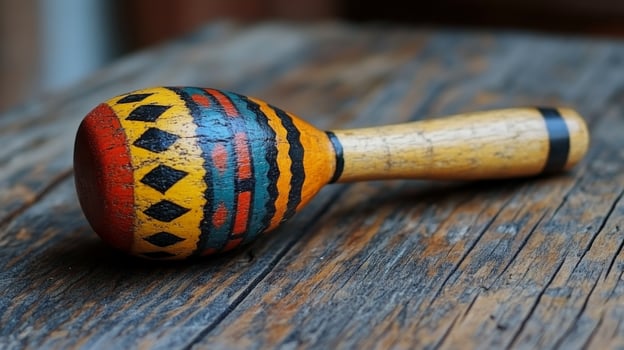 A wooden maraca with colorful designs on it photo