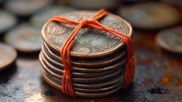 A pile of coins with red string tied to them photo