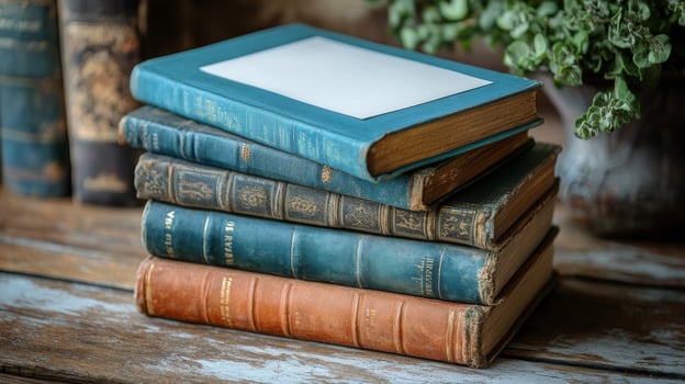Old books stacked on a wooden table photo