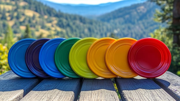 A rainbow of colorful frisbees on a wooden table photo