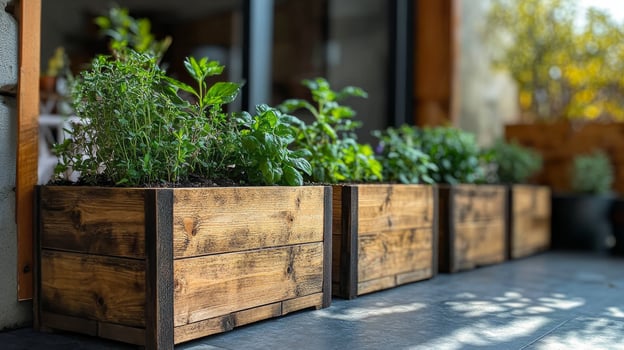 Three wooden planters with herbs in them photo