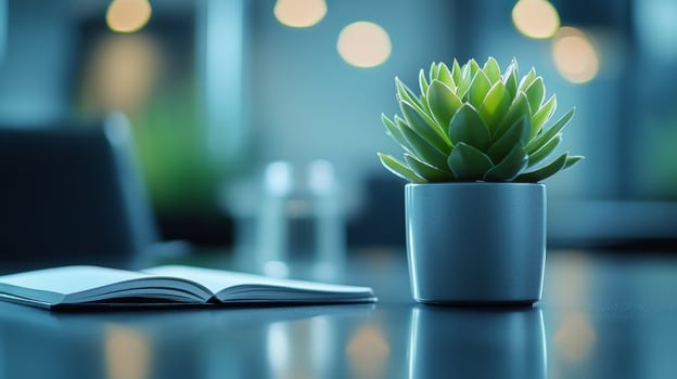 A succulent plant in a pot on a table with a book and a laptop photo