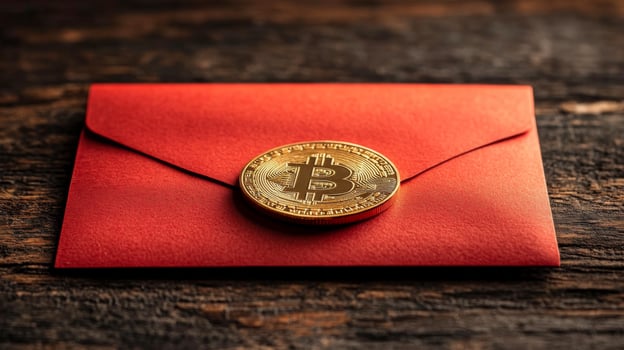 Bitcoin in red envelope on wooden table photo