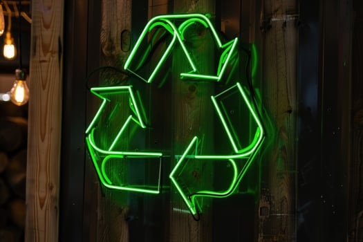 A glowing neon recycling symbol mounted on a wooden wall with warm lighting. photo