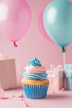 a cupcake with pastel blue and pink frosting, surrounded by balloons and gifts photo