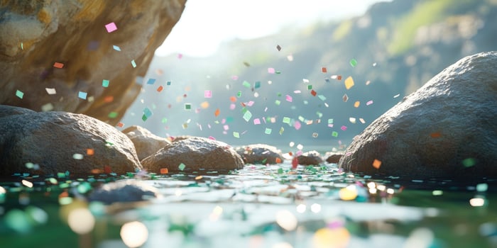 Confetti falling from rocks into water photo