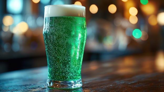 Green beer in pint glass on wooden table, perfect for St. Patrick Day celebrations, with festive atmosphere photo