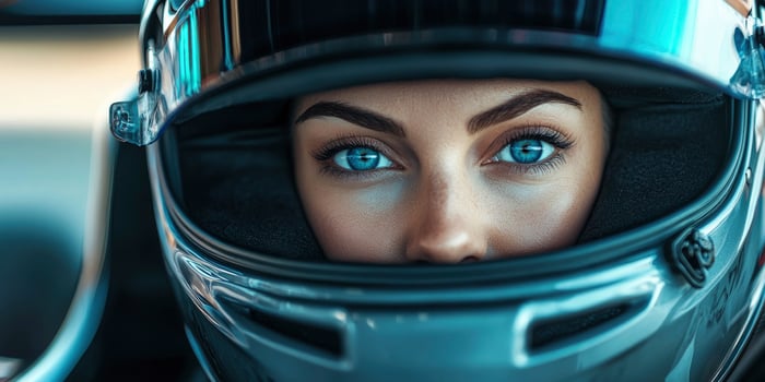 A woman in a racing car with blue eyes photo
