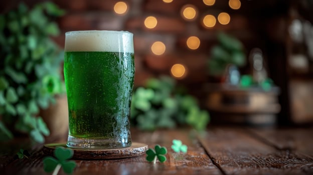 Green beer in pint glass for St. Patrick Day celebration, surrounded by clovers and cozy pub atmosphere photo