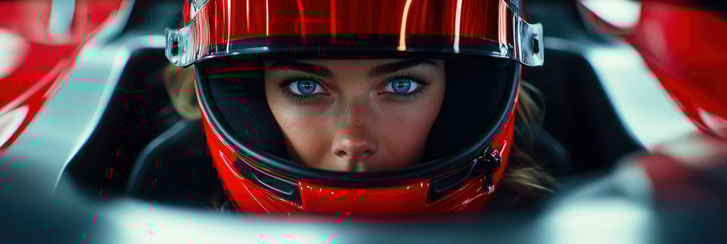 A woman in a racing car with blue eyes photo
