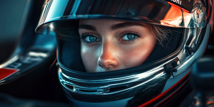 A woman in a racing car with her eyes closed photo