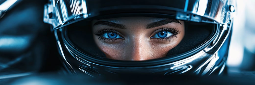 A woman in a racing car with blue eyes photo