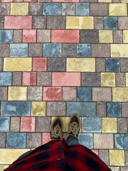 In the photograph, a person is positioned on a vibrant brick floor showcasing a unique design and pattern. The rectangular bricks add an artistic touch to the overall flooring photo