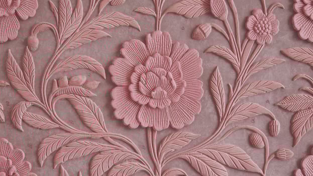 Intricate Pink Floral Embossed Pattern on Velvet Texture with Detailed Botanical Design photo