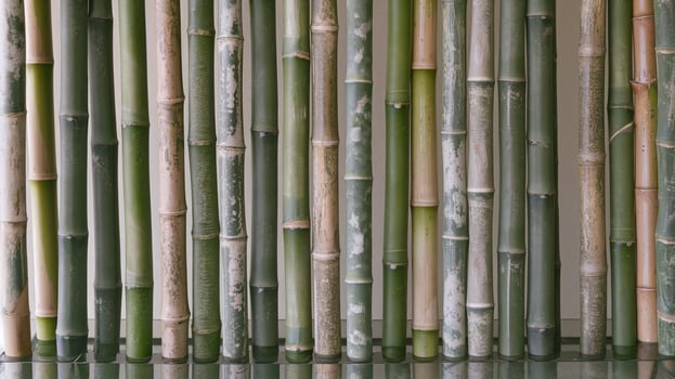 Closeup of Vertical Green and Beige Bamboo Stalks with Natural Texture Against Neutral Background photo