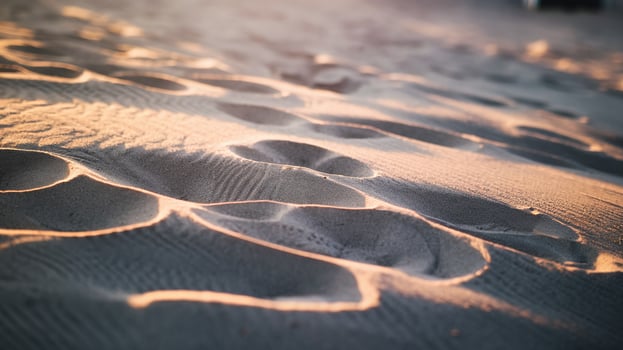 Golden Sunset Light Highlighting Smooth Sand Dunes with Footprints in Beach Landscape photo