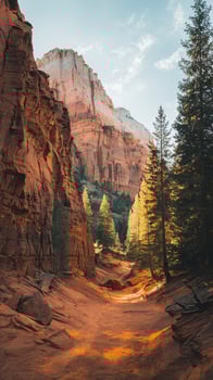 Red Rock Canyon Trail with Pine Trees and Sunlight in Scenic Desert Landscape Under Blue Sky photo