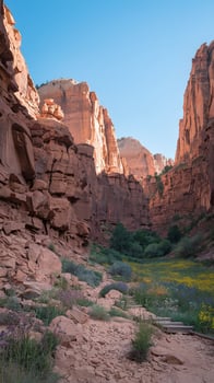 Scenic Red Rock Canyon with Lush Green Vegetation and Wildflowers Under Bright Blue Sky in Summer photo