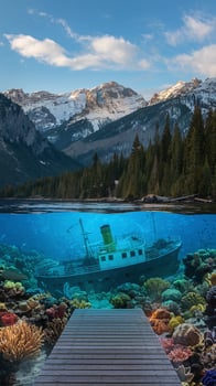 Underwater Sunken Shipwreck Among Vibrant Coral in Pristine Lake Framed by Snowy Mountain Forest photo