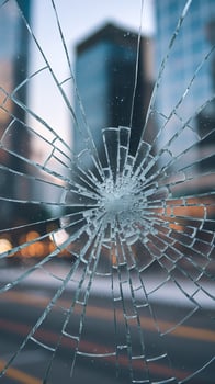 Closeup of Shattered Glass Pane with City Buildings and Lights in Background Representing Fragility and Impact photo