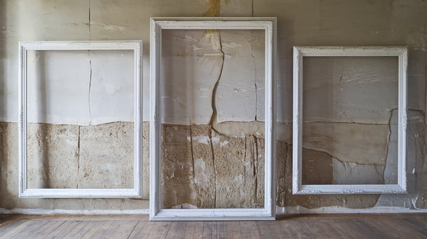 White Vintage Picture Frames on Rustic Cracked Wall in Minimalistic Empty Room with Wooden Floor photo