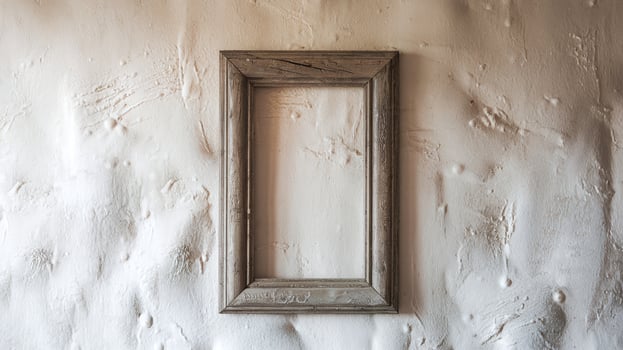 Rustic Wooden Picture Frame on Textured Beige Plaster Wall in Natural Lighting for Interior Design photo