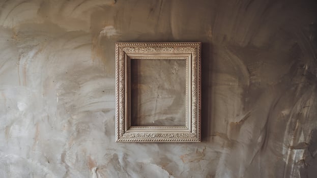 Ornate Empty Vintage Gold Picture Frame on Textured Rustic Brown Wall Stylish Interior Design Art Decor photo