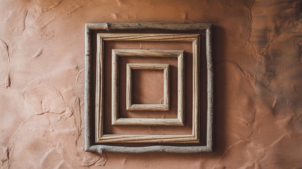 Wooden Square Frames Hanging on Textured Earthy Plaster Wall Minimal Rustic Decor Art photo
