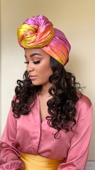 Woman Wearing Silk Multicolored Turban with Pink Shirt and Yellow Skirt on Light Background photo