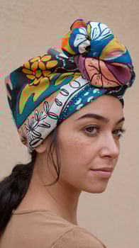 Woman Wearing Vibrant Multicolored Floral Headwrap with Beige Background and Neutral Expression photo