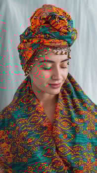 Portrait of Woman Wearing Vibrant Orange and Green Traditional Headwrap and Shawl with Beaded Details photo