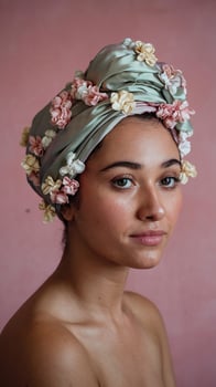 Portrait of Woman with Satin Head Wrap Embellished with Pink and Yellow Flowers Against Pink Wall photo