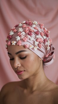 Elegant Woman in Pink Flower Embellished Headscarf Against Subtle Pink Background photo