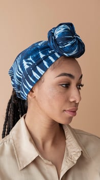 Woman Wearing Blue Tie Dye Headscarf with Neutral Background Looking Calm and Confident photo