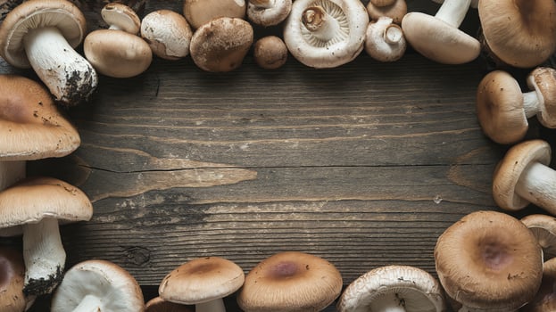 Fresh Assorted Mushrooms Arranged in Rustic Circular Frame on Wooden Table Background photo
