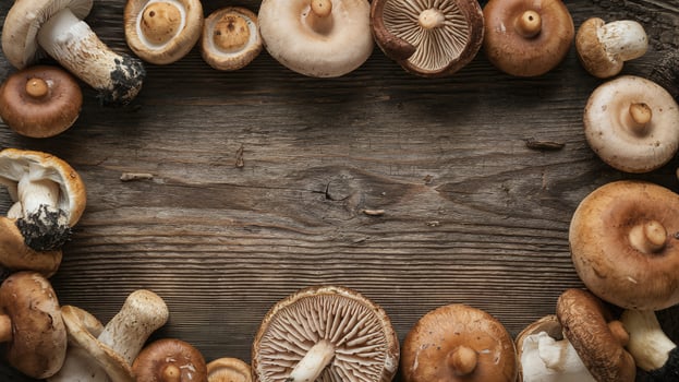 Assorted Fresh Mushrooms Arranged in a Circular Frame on Rustic Wooden Background for Natural Foods Concept photo