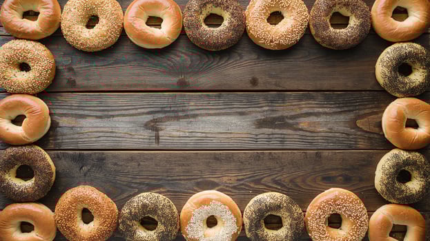 Variety of Freshly Baked Bagels in Circular Arrangement on Rustic Wooden Background, Breakfast Concept photo