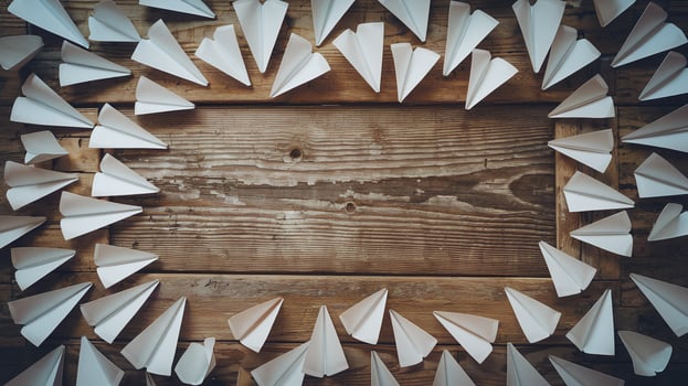 Wooden Table Surrounded by White Origami Paper Planes Arranged in Circular Formation photo