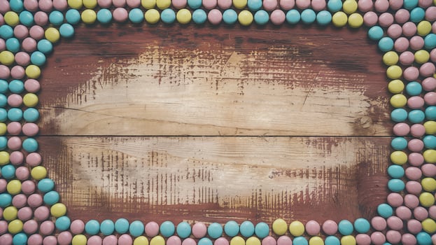 Rustic Wooden Background Framed with Colorful Candies Blue Pink Yellow on Natural Surface photo