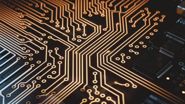 Closeup of golden electronic circuit board with intricate pathways on dark background representing technology innovation photo