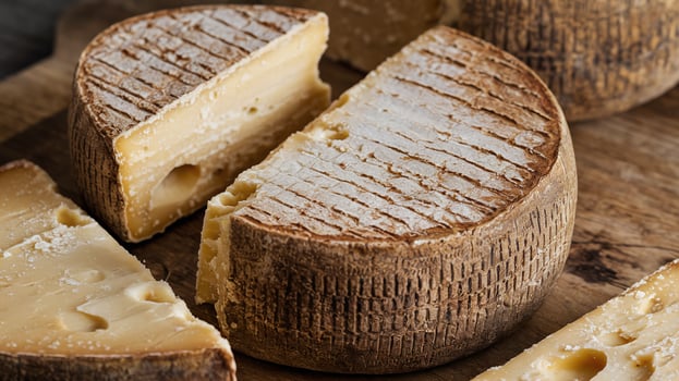 Rustic Wooden Background with Aged Artisan Cheese Loaf and Sliced Cheese Pieces Display photo
